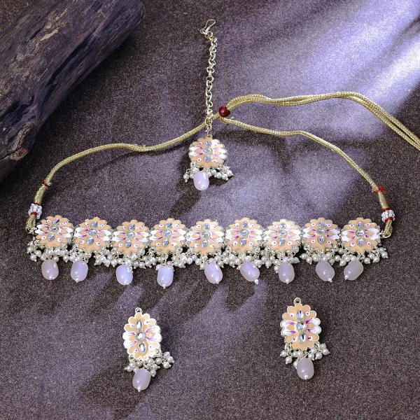 Gold Plated Peach Kundan Choker Necklace Set With Maang Tikka for Women
